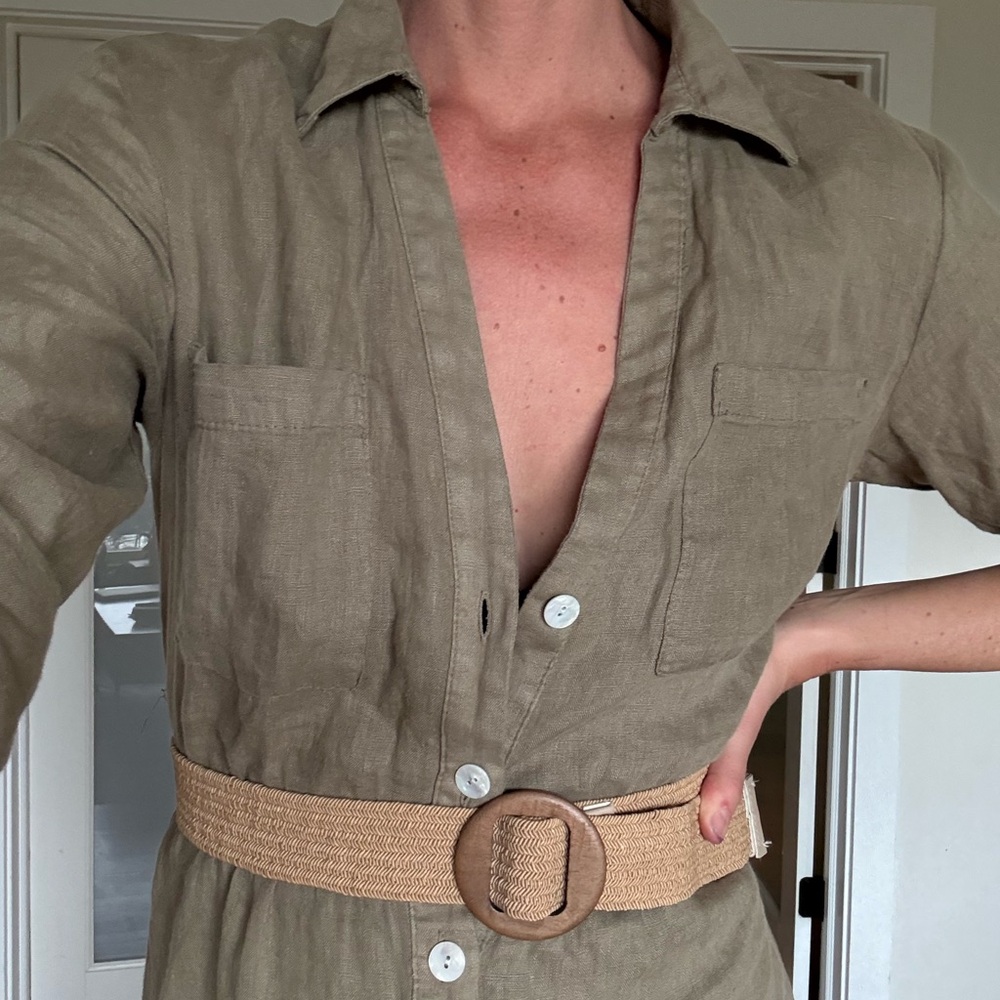 Zara Olive Green Linen Blend Belted Shirt Dress